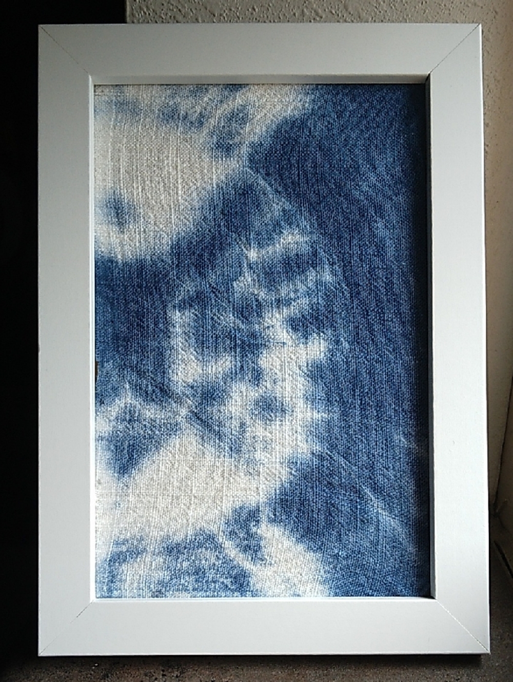 Handmade Framed Blue and White Tie Dye Textile Art